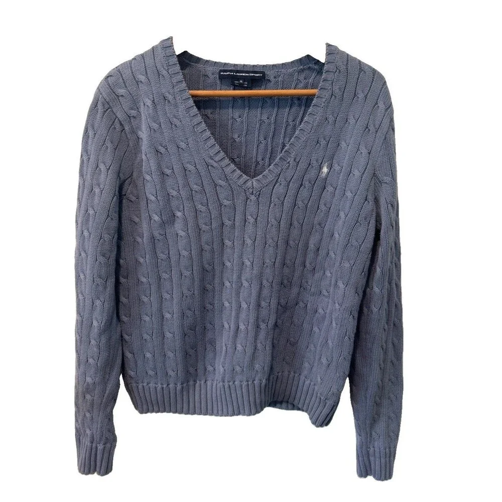 Polo Ralph Lauren Sport Blue Cable Knit V-Neck Sweater White Pony Women's XL